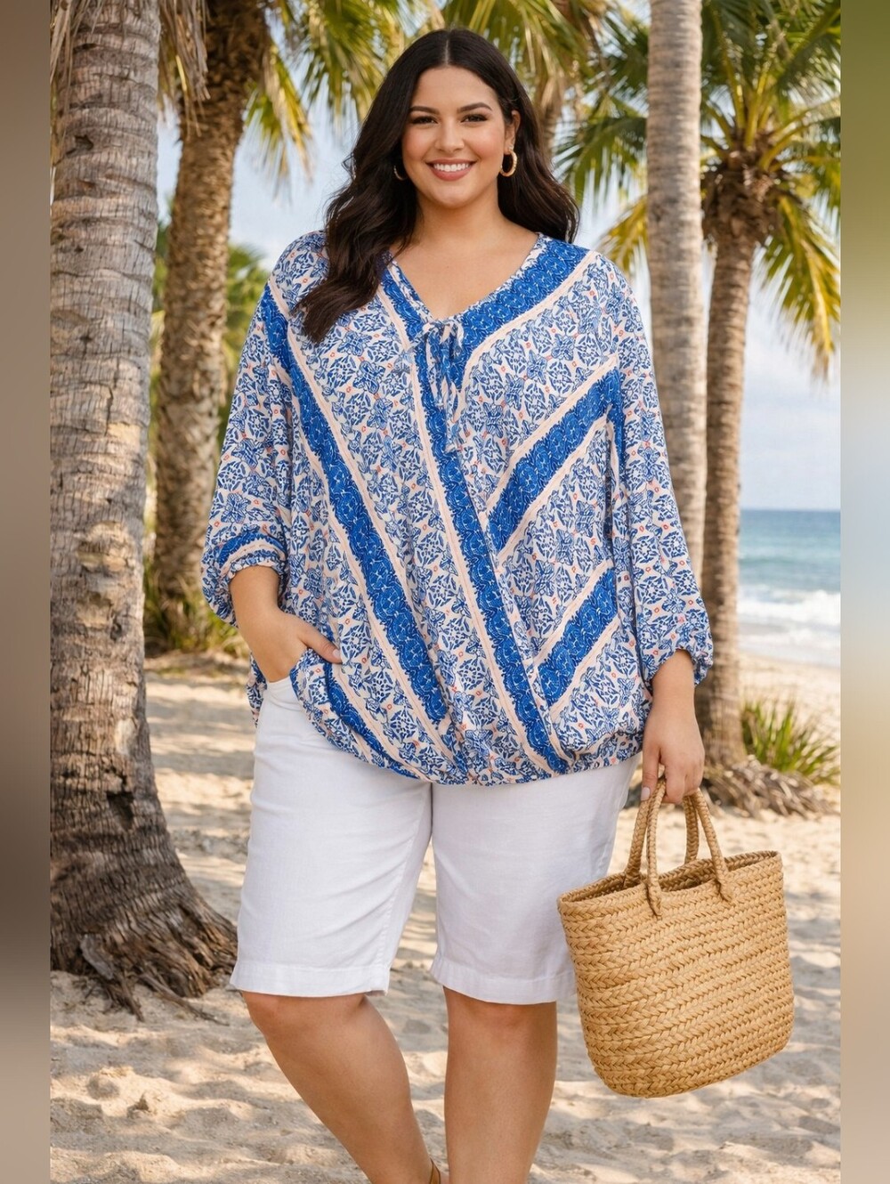 Weekend Suzanne Betro Boho Crossover Front Blue, Cream & Pink Blouse Size 4X